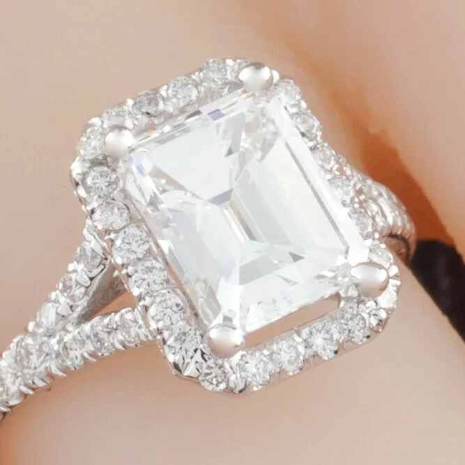 18k White Gold 1.94 ct Emerald Cut Diamond Solitaire Ring w/ Accents GIA Cert