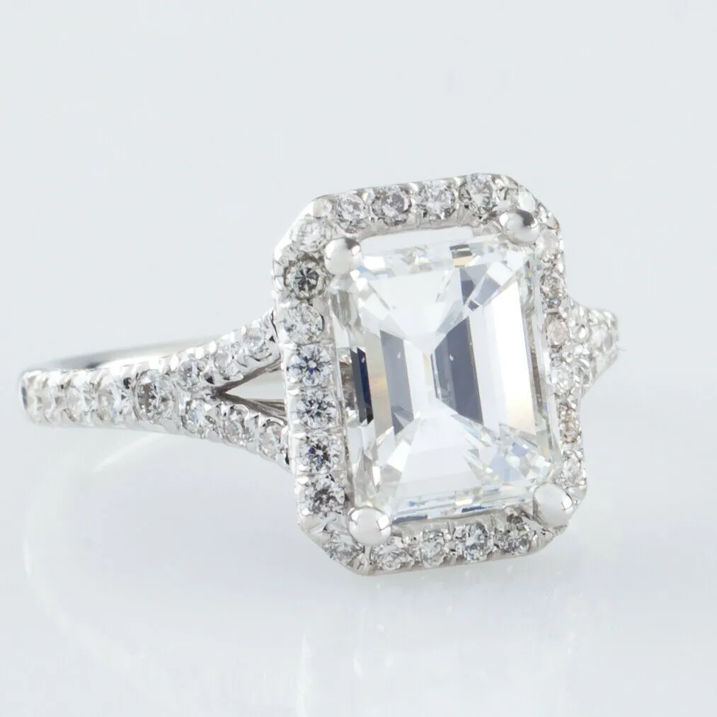 18k White Gold 1.94 ct Emerald Cut Diamond Solitaire Ring w/ Accents GIA Cert