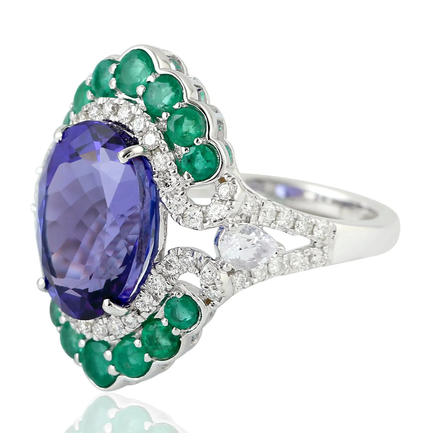 18k White Gold Beautiful Tanzanite Emerald Sapphire Diamond Cocktail Ring 18k White Gold