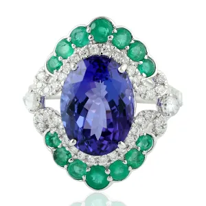 18k White Gold Beautiful Tanzanite Emerald Sapphire Diamond Cocktail Ring 18k White Gold