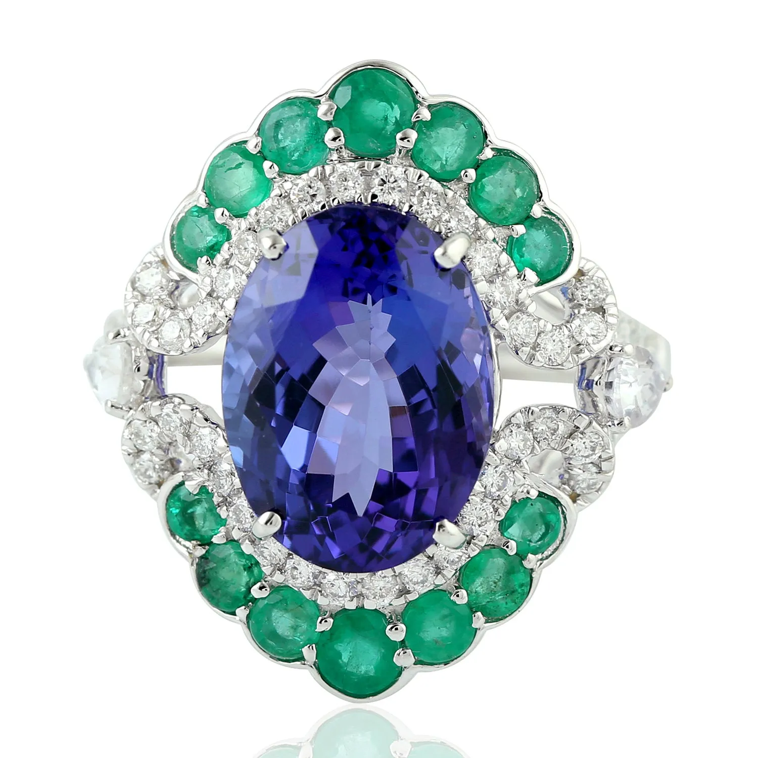 18k White Gold Beautiful Tanzanite Emerald Sapphire Diamond Cocktail Ring 18k White Gold