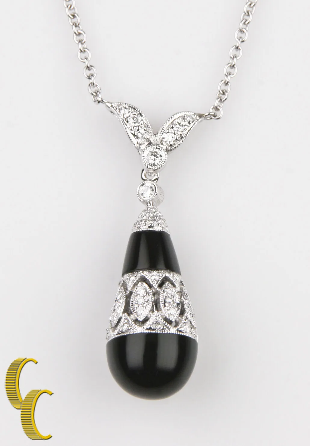18k White Gold Onyx & Diamond Drop Pendant w/ 16" Chain TCW = 4.8 ct