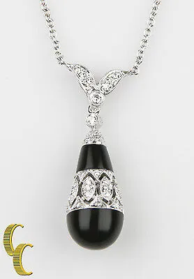 18k White Gold Onyx & Diamond Drop Pendant w/ 16" Chain TCW = 4.8 ct