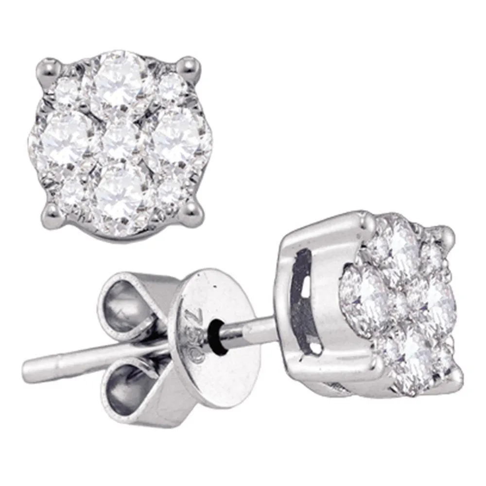 18K White Gold Round Diamond Cluster Stud Earrings 1-3/8 Cttw