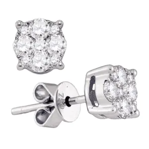18K White Gold Round Diamond Cluster Stud Earrings 3/4 Cttw