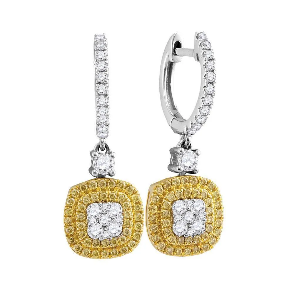 18K White Gold Round Yellow Diamond Square Cluster Dangle Earrings 7/8 Cttw