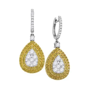 18K White Gold Round Yellow Diamond Teardrop Cluster Dangle Earrings 2.00 Cttw