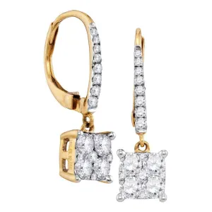 18K Yellow Gold Round Cluster Diamond Square-shape Dangle Hoop Earrings 7/8 Cttw