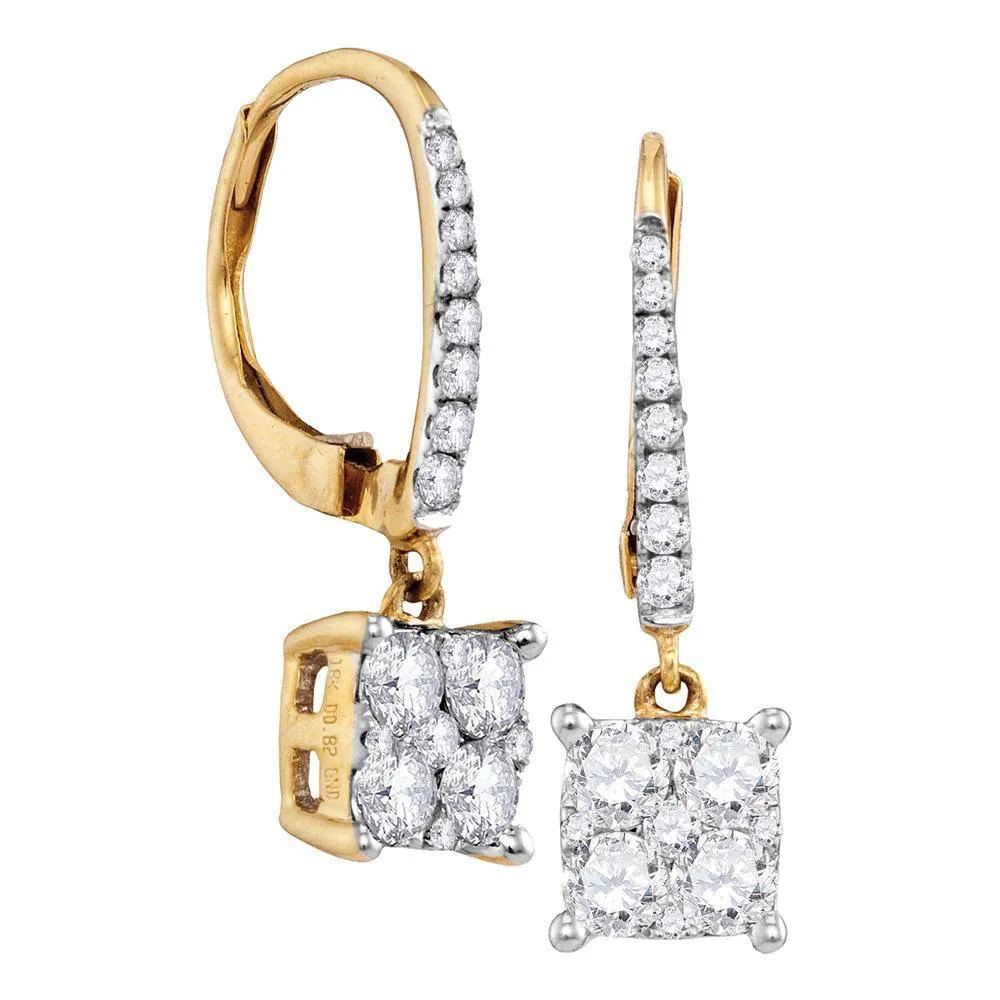18K Yellow Gold Round Cluster Diamond Square-shape Dangle Hoop Earrings 7/8 Cttw
