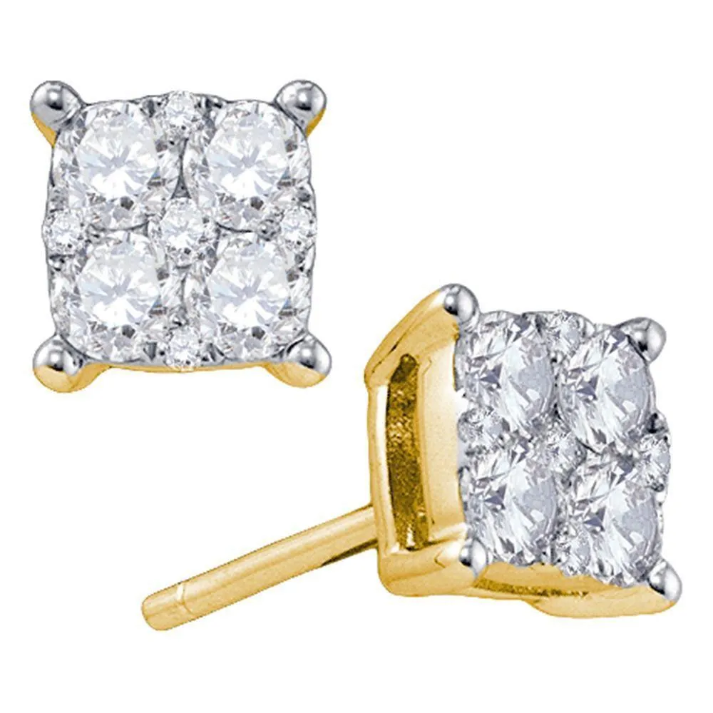 18K Yellow Gold Round Diamond Square Cluster Screwback Earrings 1-3/8 Cttw