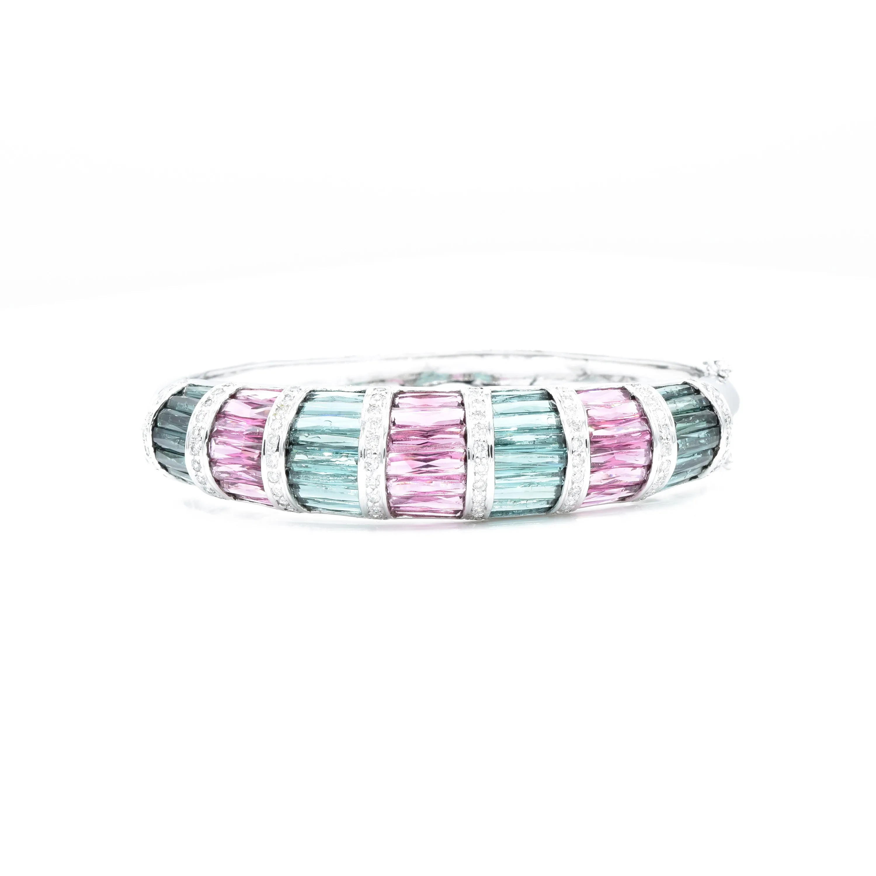 18kt White Gold Pink and Green Tourmaline with Diamond Bangle