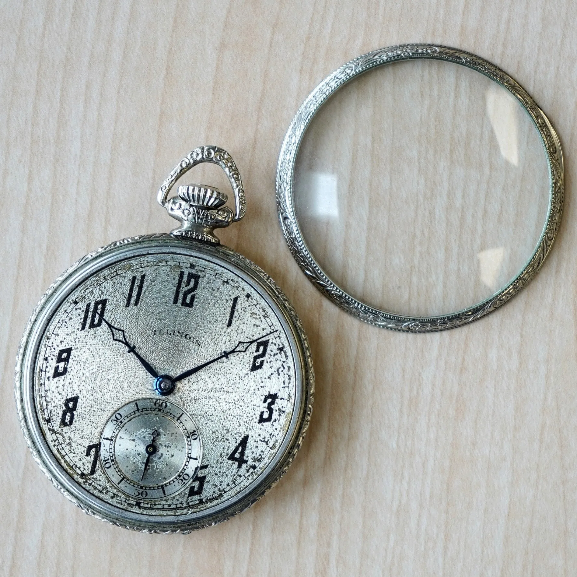 1926 ILLINOIS Pocket Watch Openface 12s 17 Jewels Grade 405 Adjusted 14K White Gold Filled