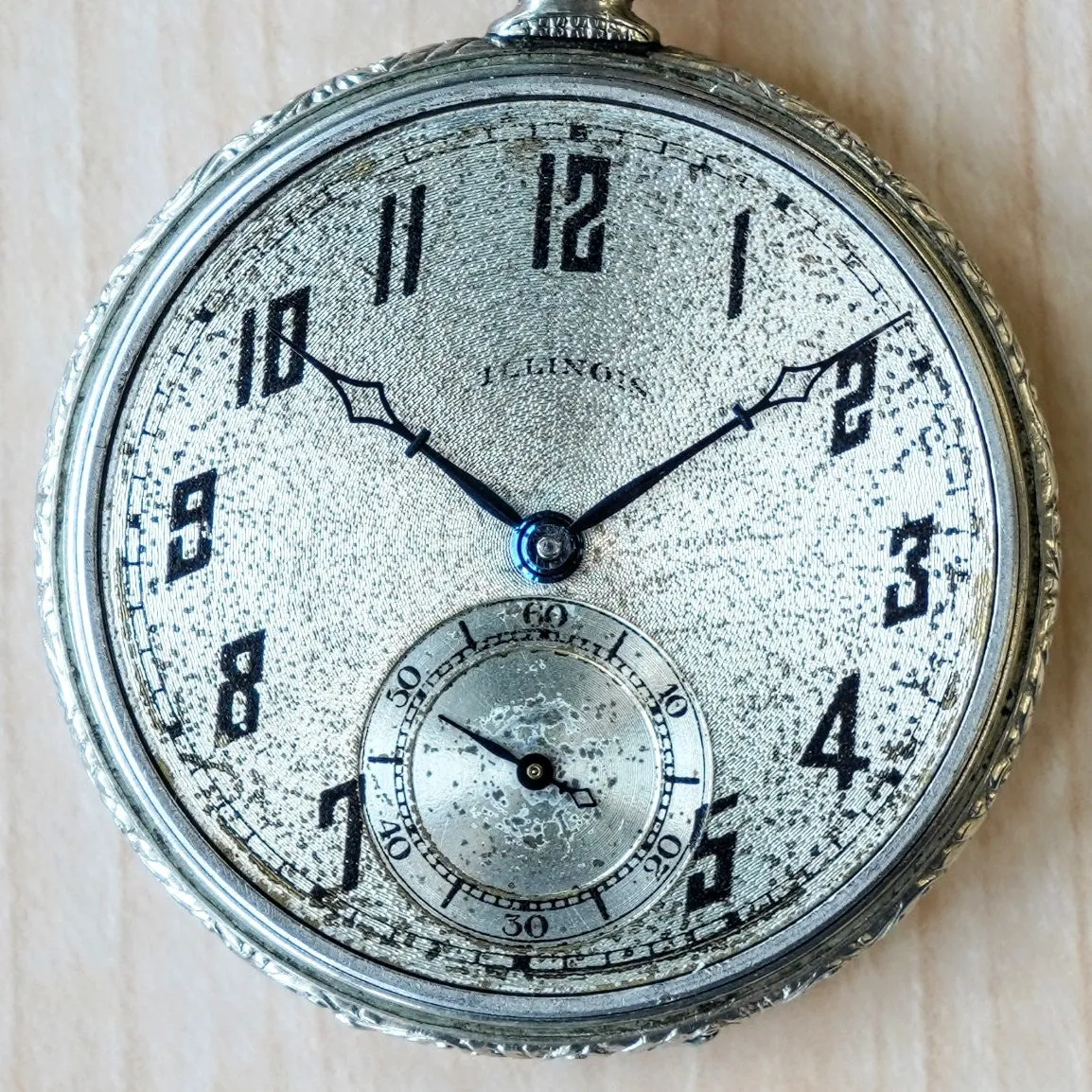 1926 ILLINOIS Pocket Watch Openface 12s 17 Jewels Grade 405 Adjusted 14K White Gold Filled