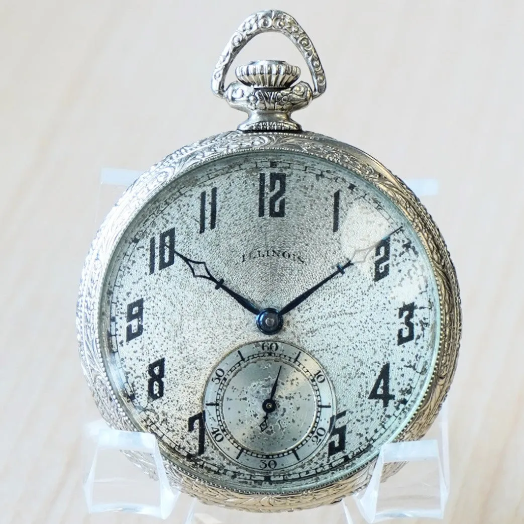 1926 ILLINOIS Pocket Watch Openface 12s 17 Jewels Grade 405 Adjusted 14K White Gold Filled