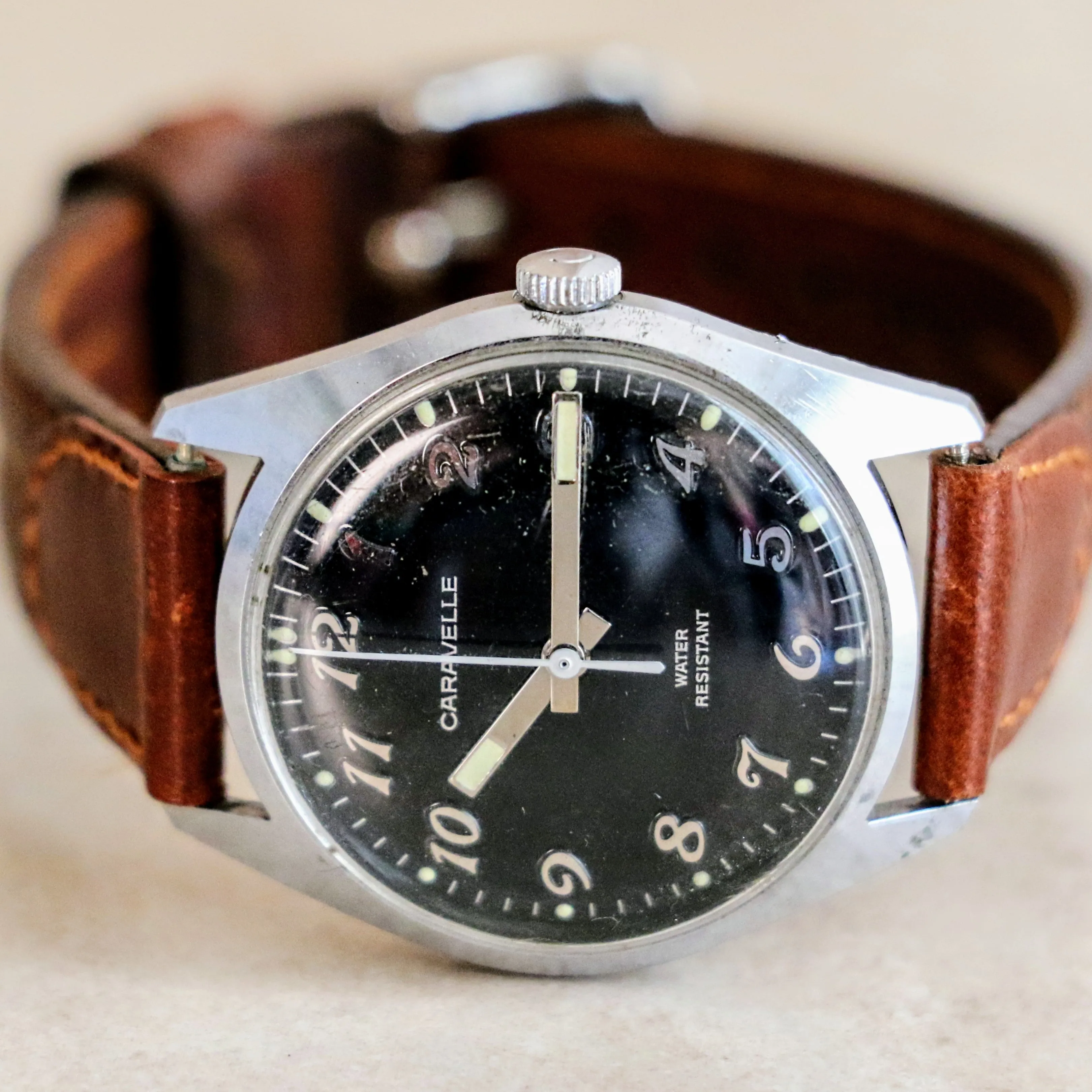 1975 CARAVELLE Wristwatch by Bulova – Vintage Black Dial Watch