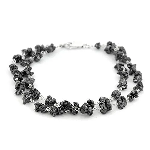 20 Ct Rough Black Diamond Beads Two Row Bracelet in 925 Silver. AAA Certified! Amazing Collection & Great Shine