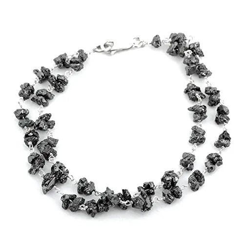 20 Ct Rough Black Diamond Beads Two Row Bracelet in 925 Silver. AAA Certified! Amazing Collection & Great Shine