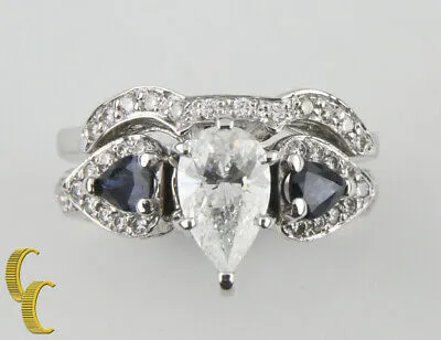 2.00 carat Diamond & Sapphire 18k White Gold Wedding Ring Set Size 7.25