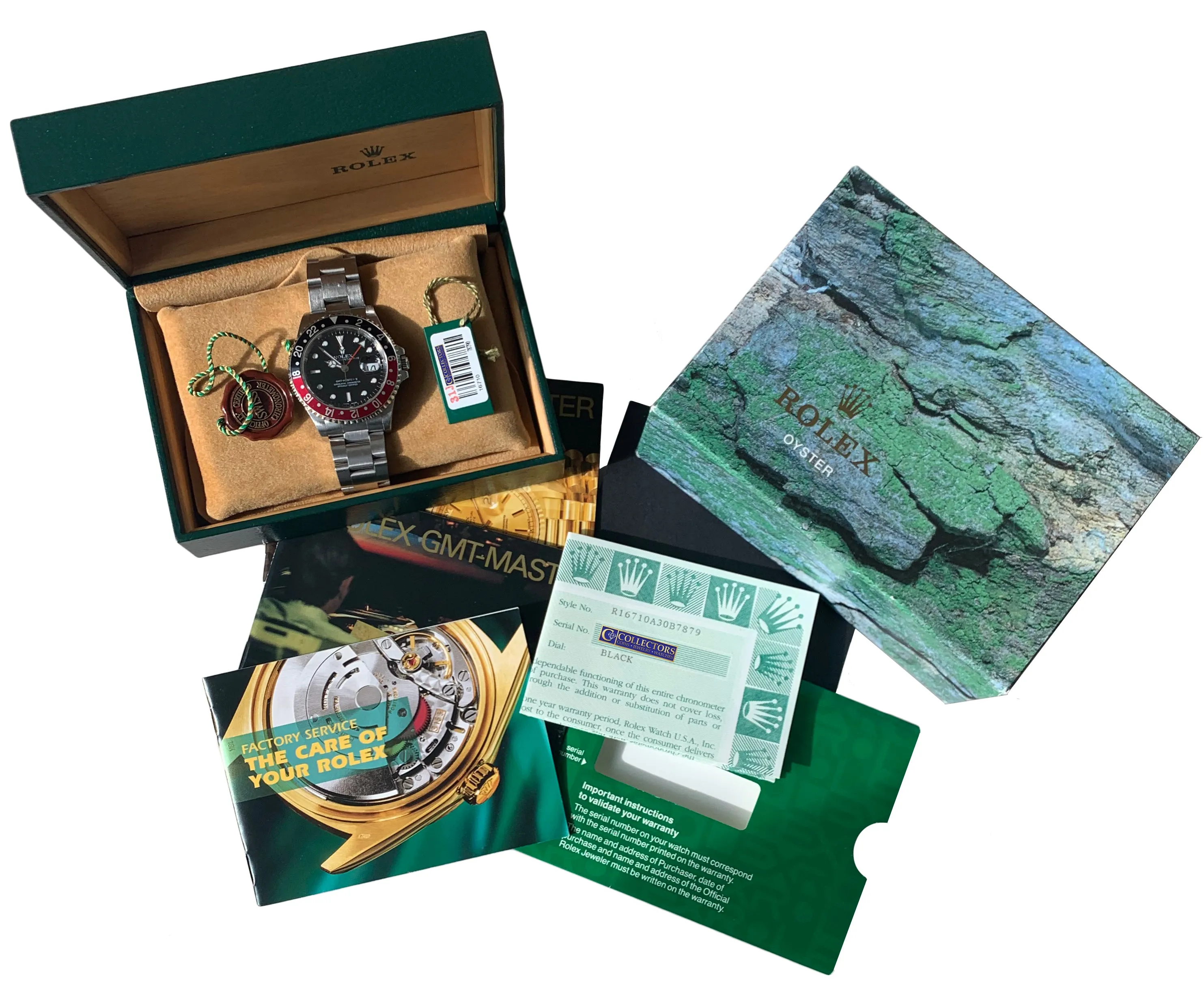 2000 UNPOLISHED A SERIAL Rolex GMT-Master II Coke GREEN STICKER 16710 FULL SET