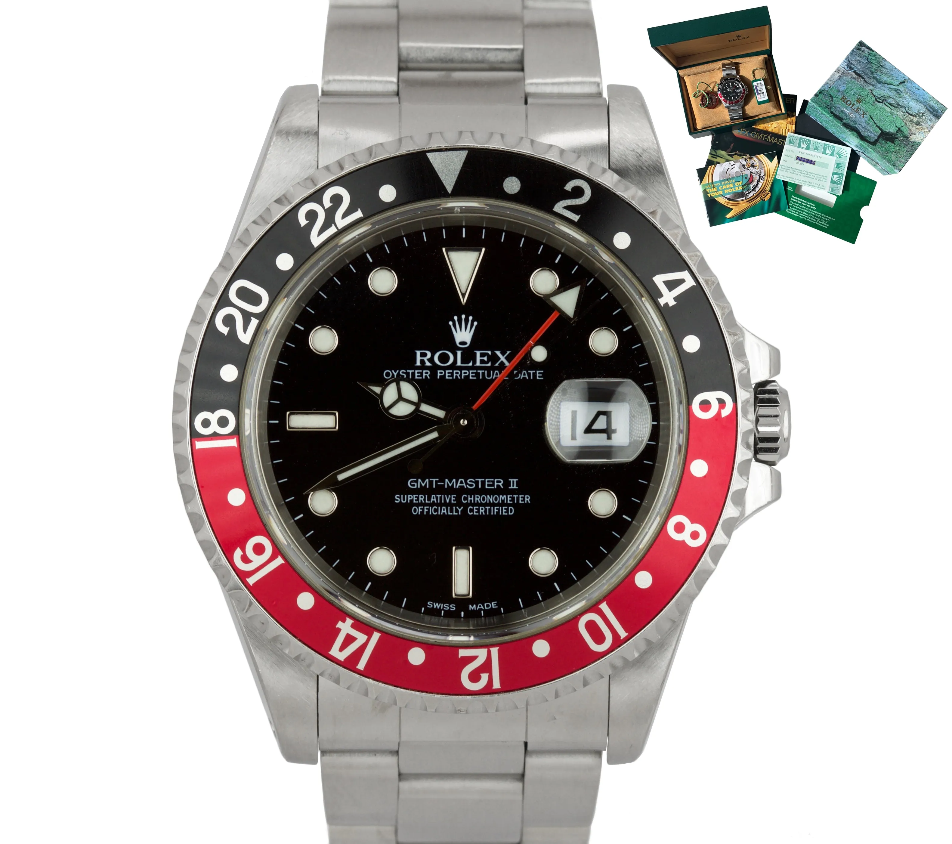 2000 UNPOLISHED A SERIAL Rolex GMT-Master II Coke GREEN STICKER 16710 FULL SET