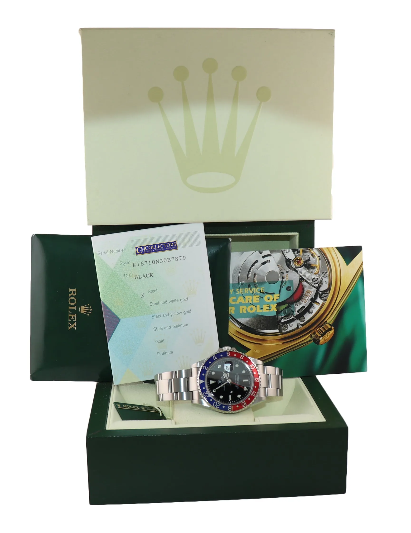 2004 PAPERS Rolex GMT-Master 2 Pepsi Blue Red Steel 16710 40mm NO HOLES Watch