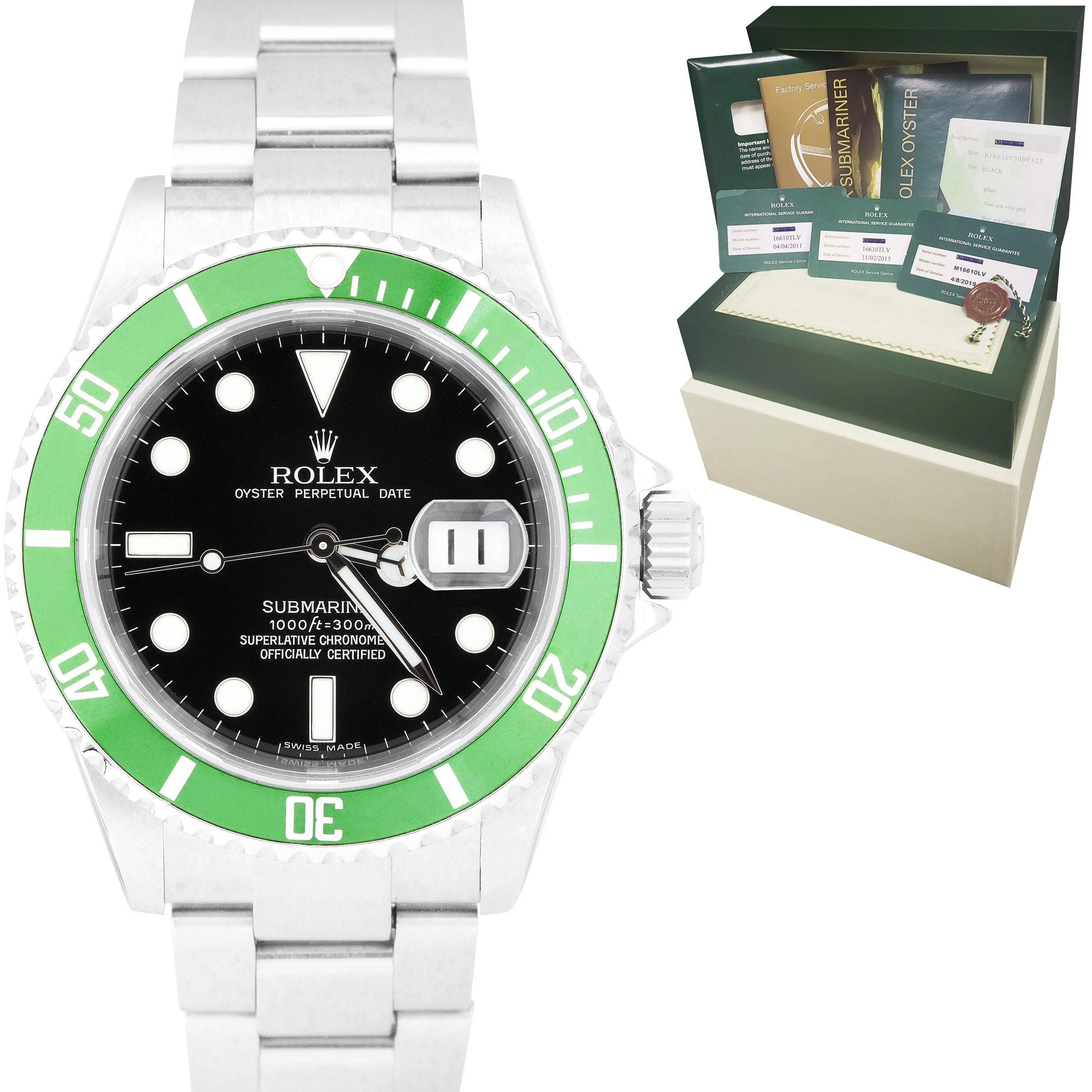 2007 Rolex Submariner Kermit Green 50th Anniversary Steel Watch 16610 LV B P