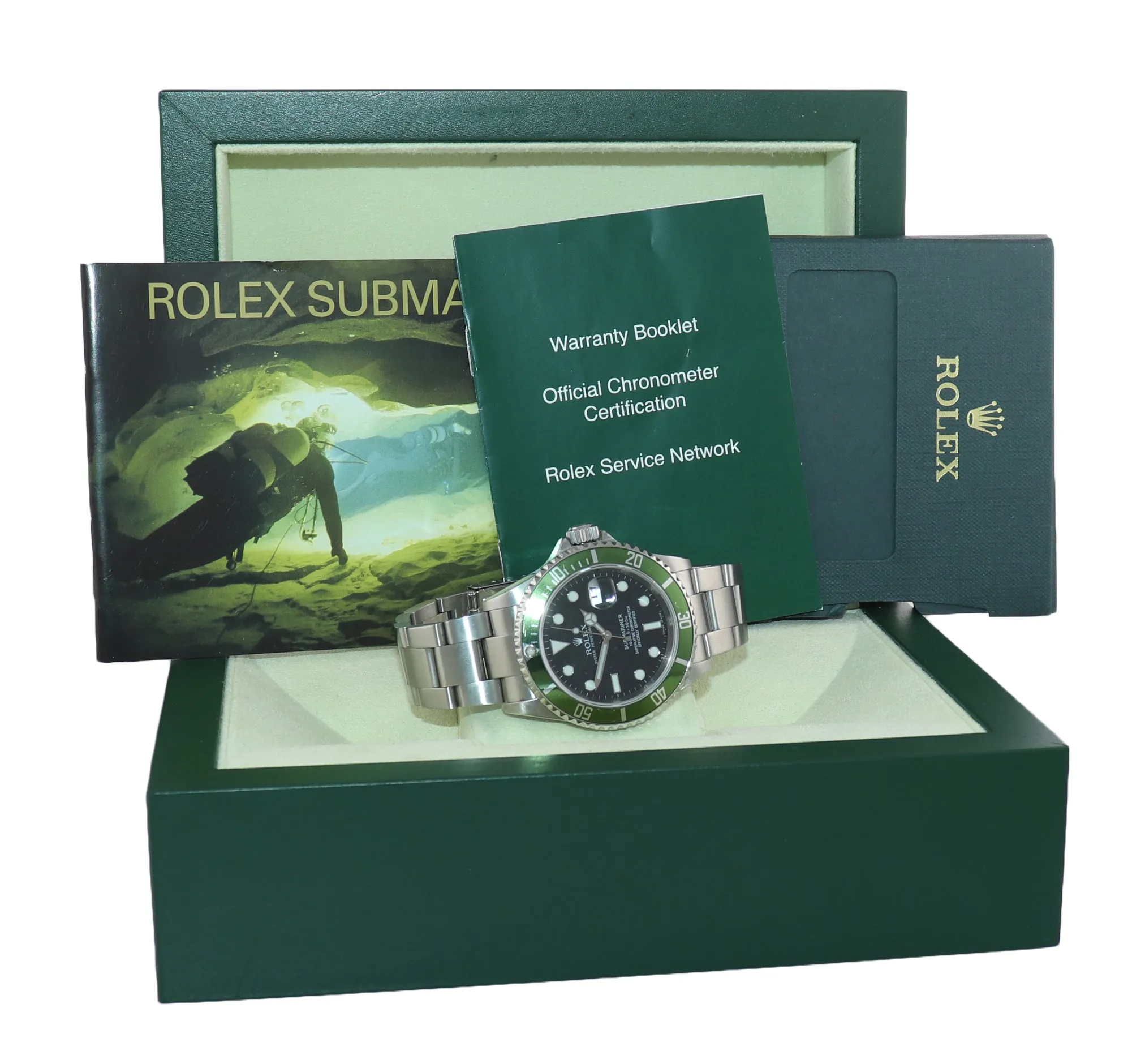 2008 Rolex 16610LV Rolex Green Submariner Kermit Watch Box Engraved Rehaut