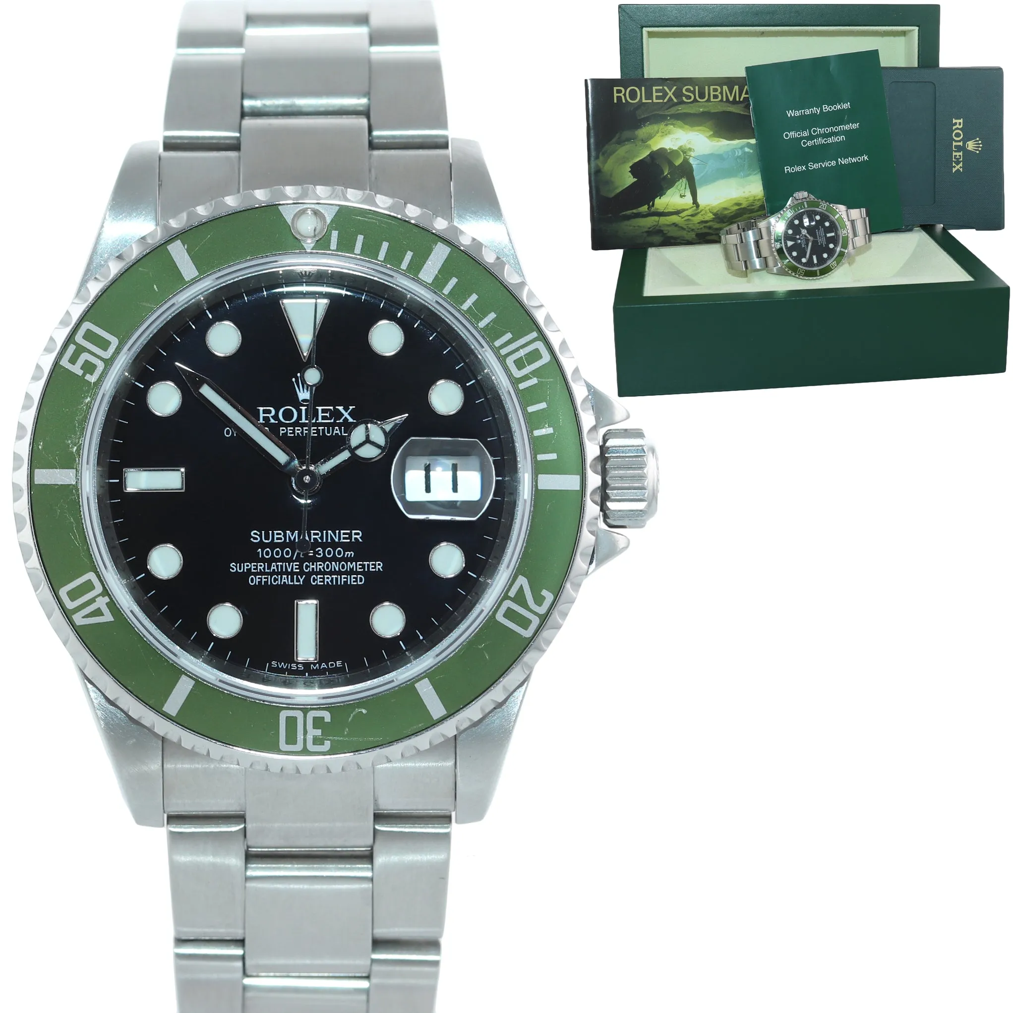 2008 Rolex 16610LV Rolex Green Submariner Kermit Watch Box Engraved Rehaut