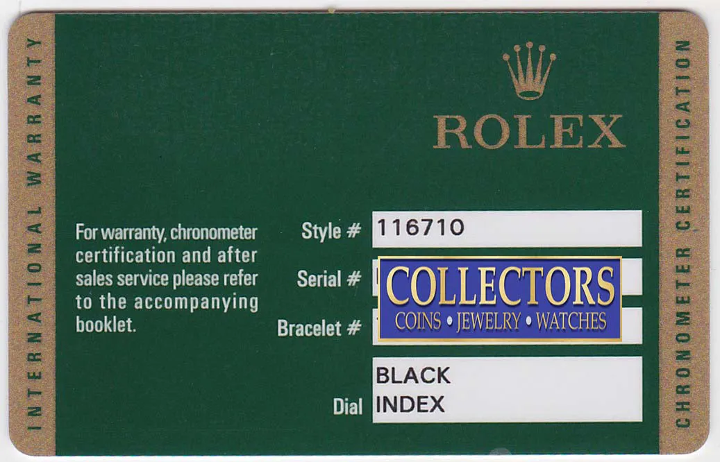 2008 Warranty Papers Rolex GMT Master II 116710 Steel Black Ceramic Watch Box