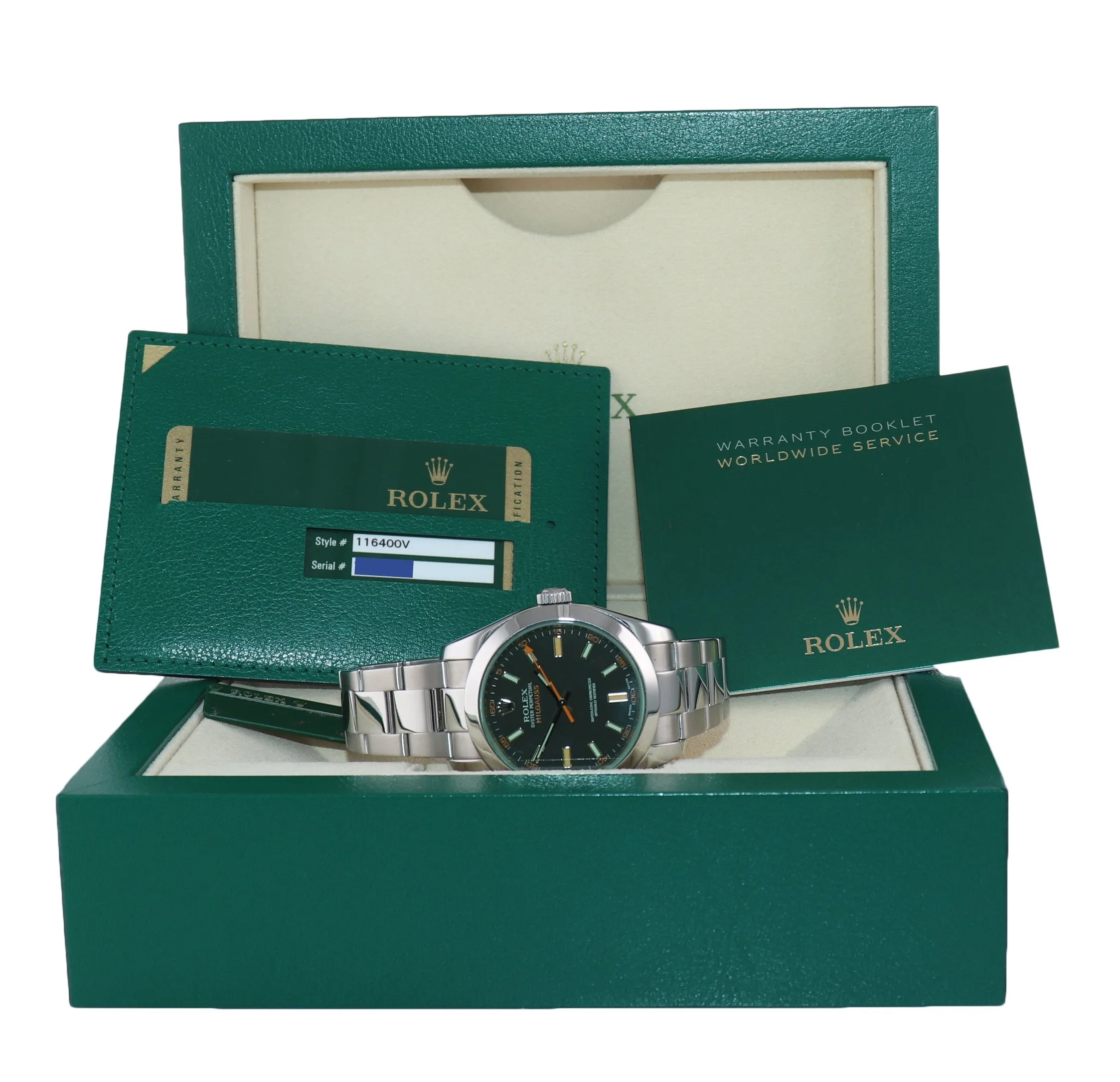 2014 PAPERS Rolex Milgauss 116400 Steel Green Black Anti-Magnetic Steel Watch