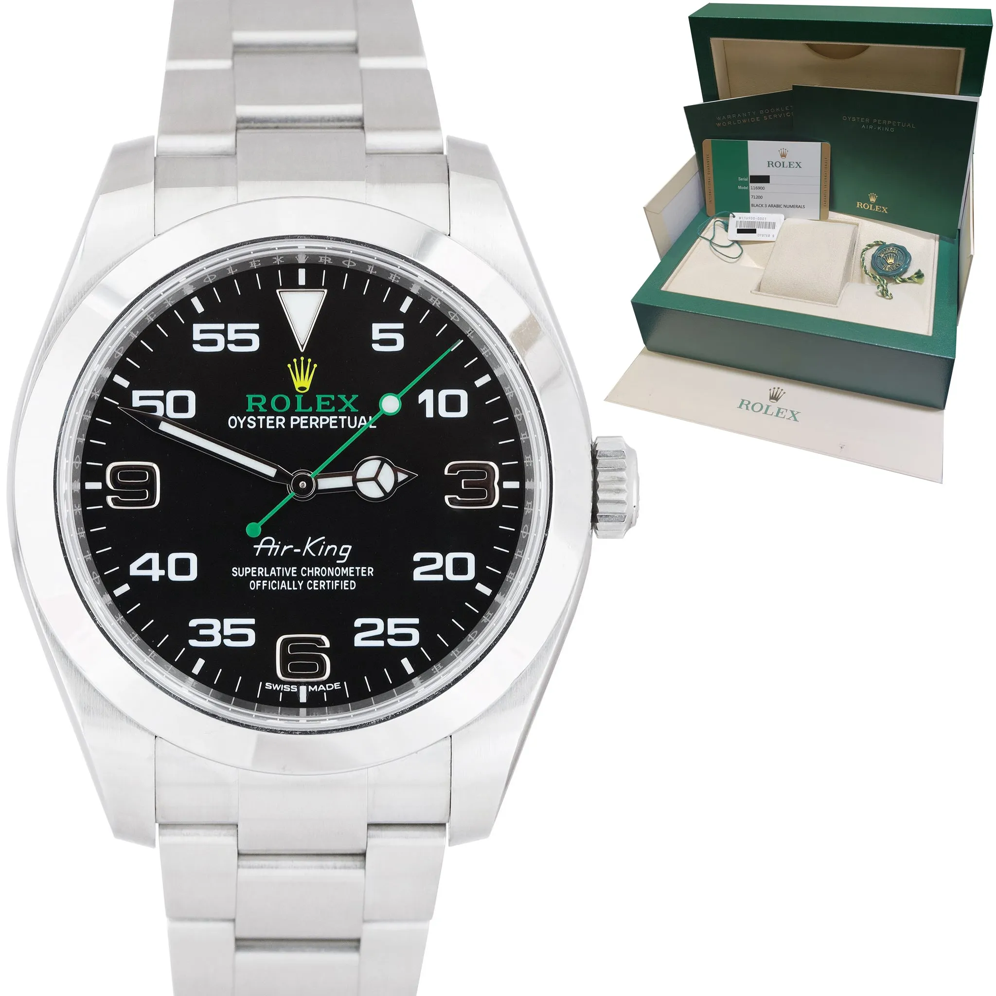 2018 Rolex Air-King 40mm Green Yellow Black Arabic Stainless Steel Watch 116900