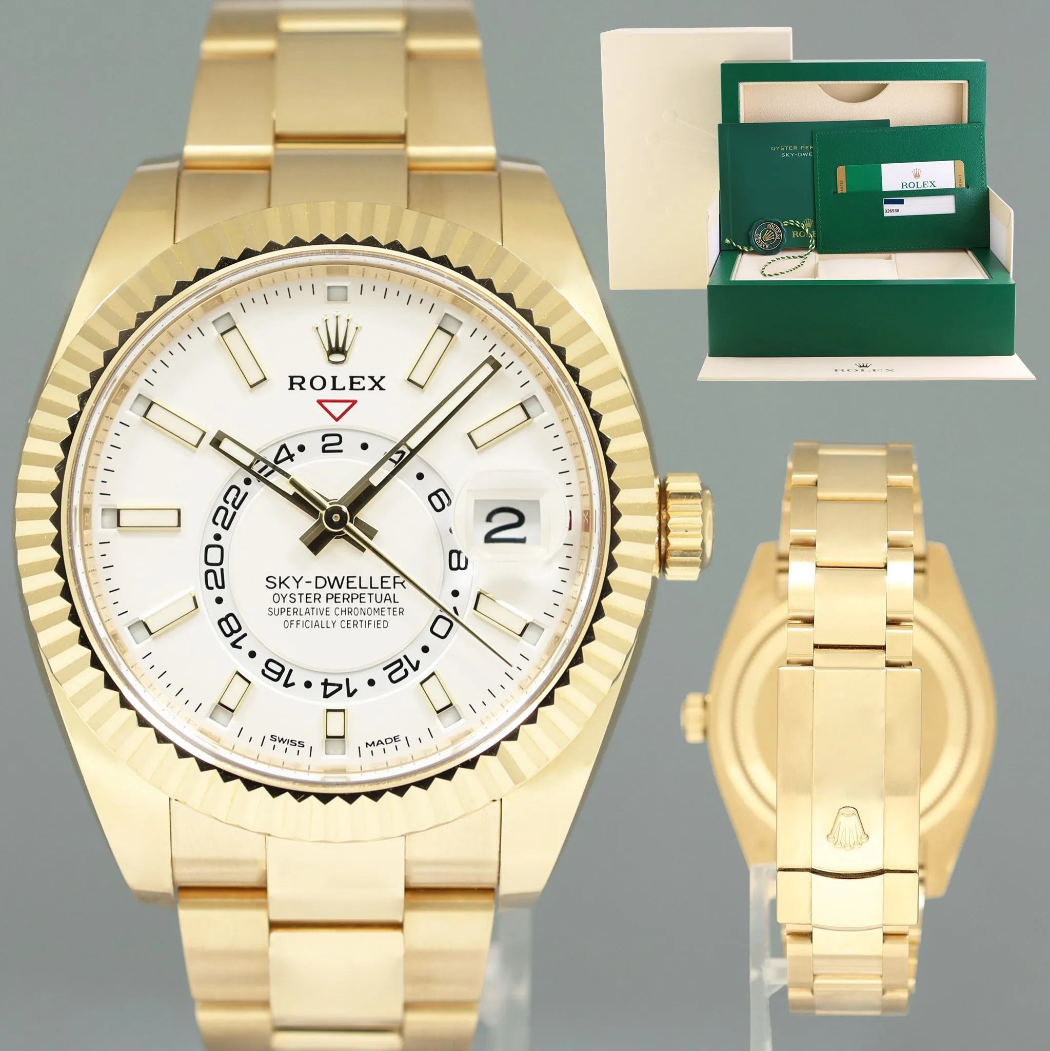 2020 PAPERS MINT Rolex Sky-Dweller Yellow Gold White Stick 326938 Watch Box
