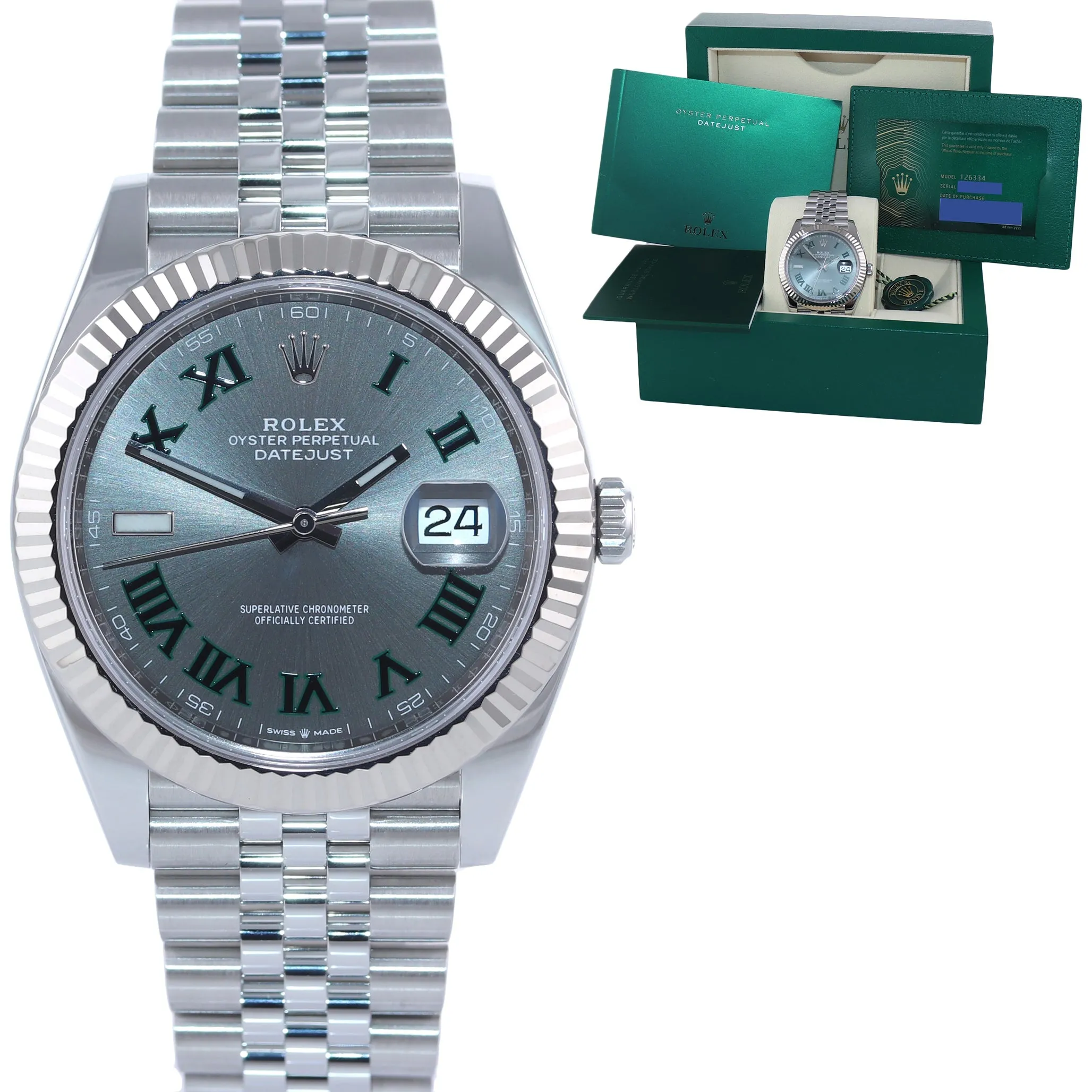 2020 PAPERS Rolex DateJust 41 Wimbledon 126334 steel White Gold Jubilee Watch