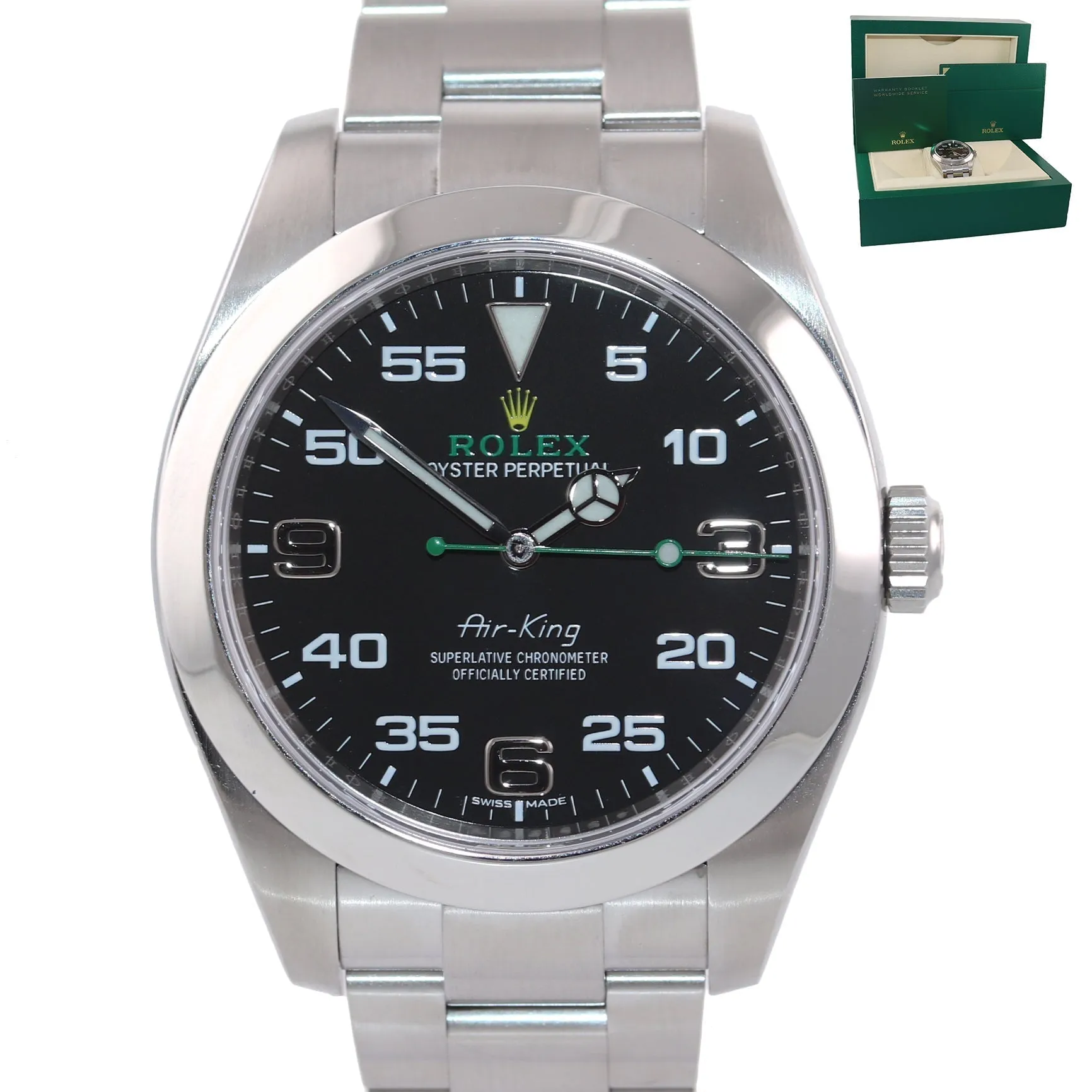 2021 Rolex Air King 116900 Black Arabic Dial 40mm Steel Green Watch Box