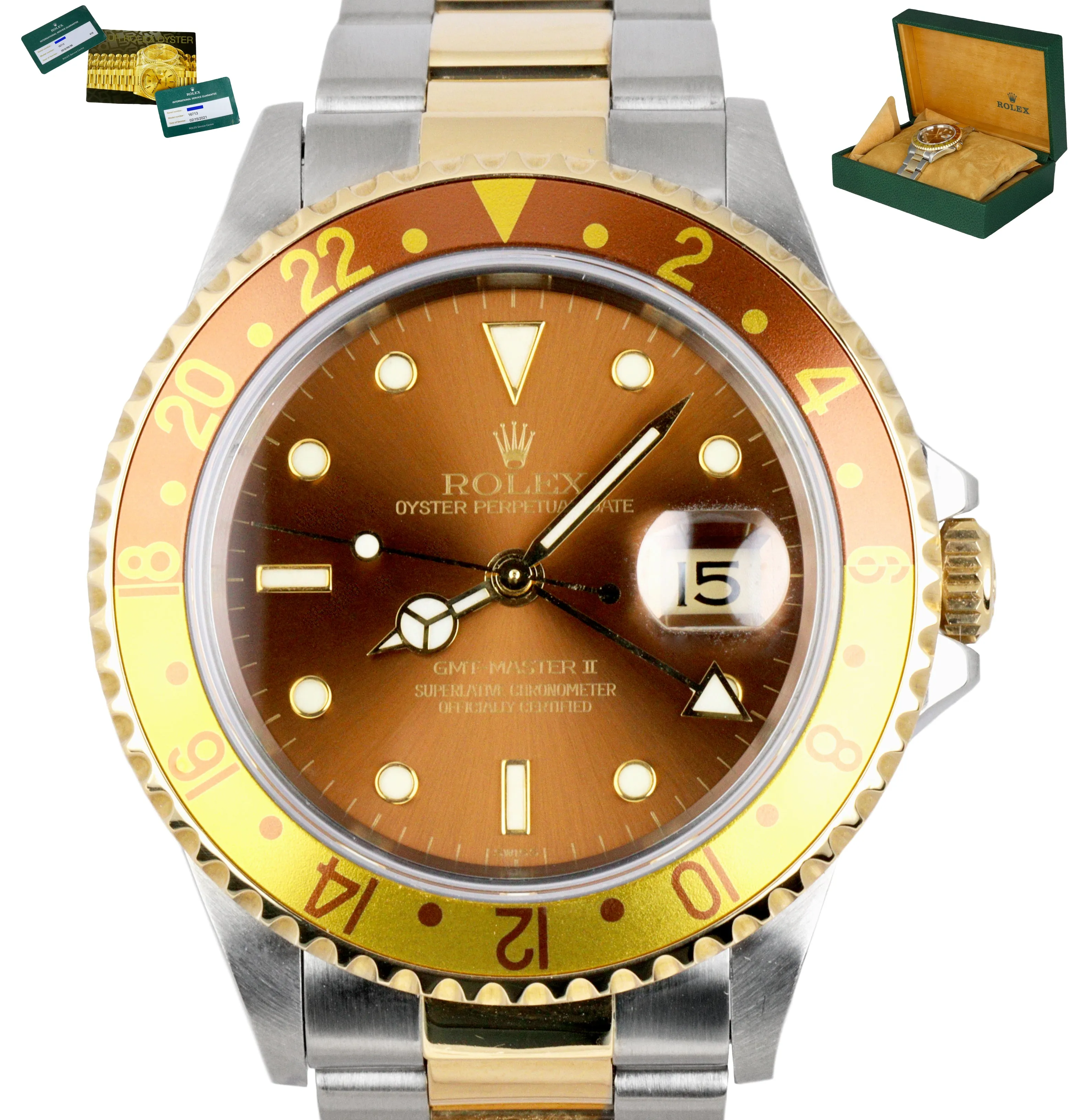 2021 ROLEX SERVICE 1995 GMT-Master II 16713 Brown Root Beer Two-Tone 18K Gold