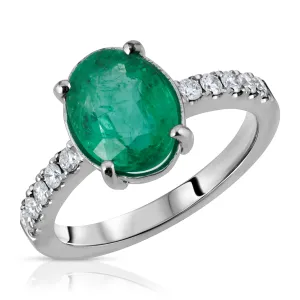 2.09 Ct.  Oval Emerald Solitaire Ring with Diamond Accents 14k White Gold