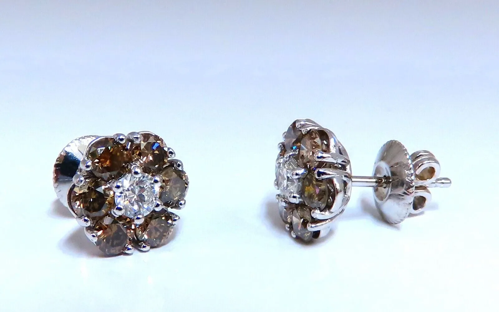 2.44ct. natural round diamond cluster earrings 14 karat Fancy Browns