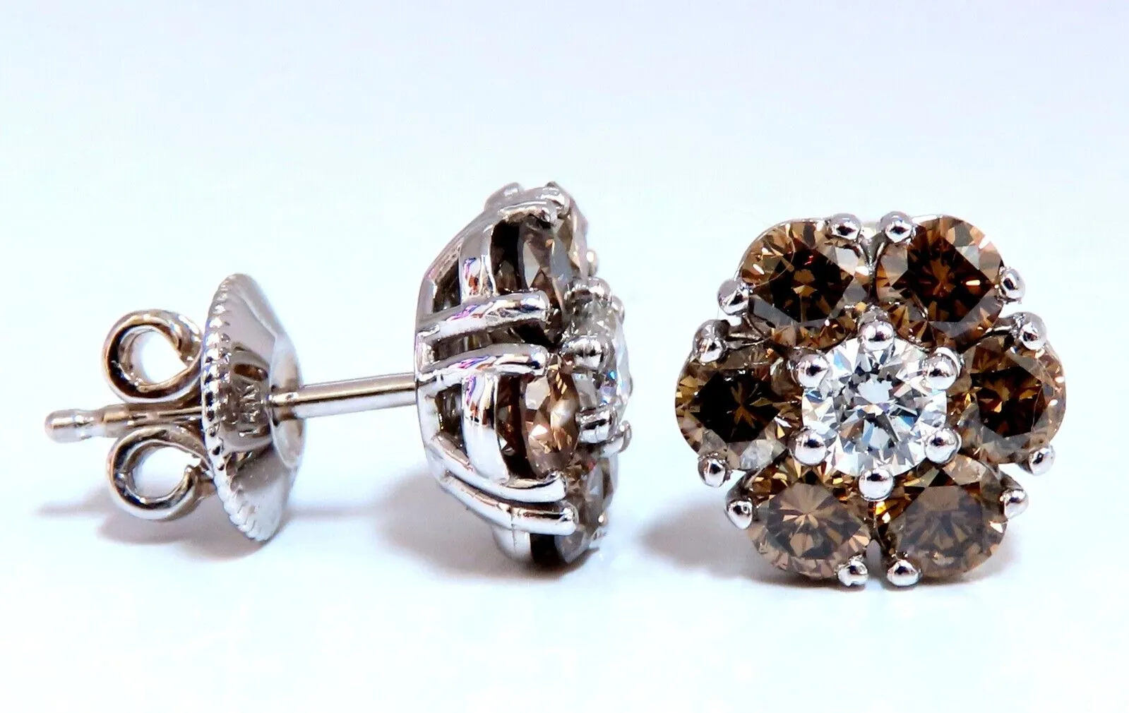 2.44ct. natural round diamond cluster earrings 14 karat Fancy Browns