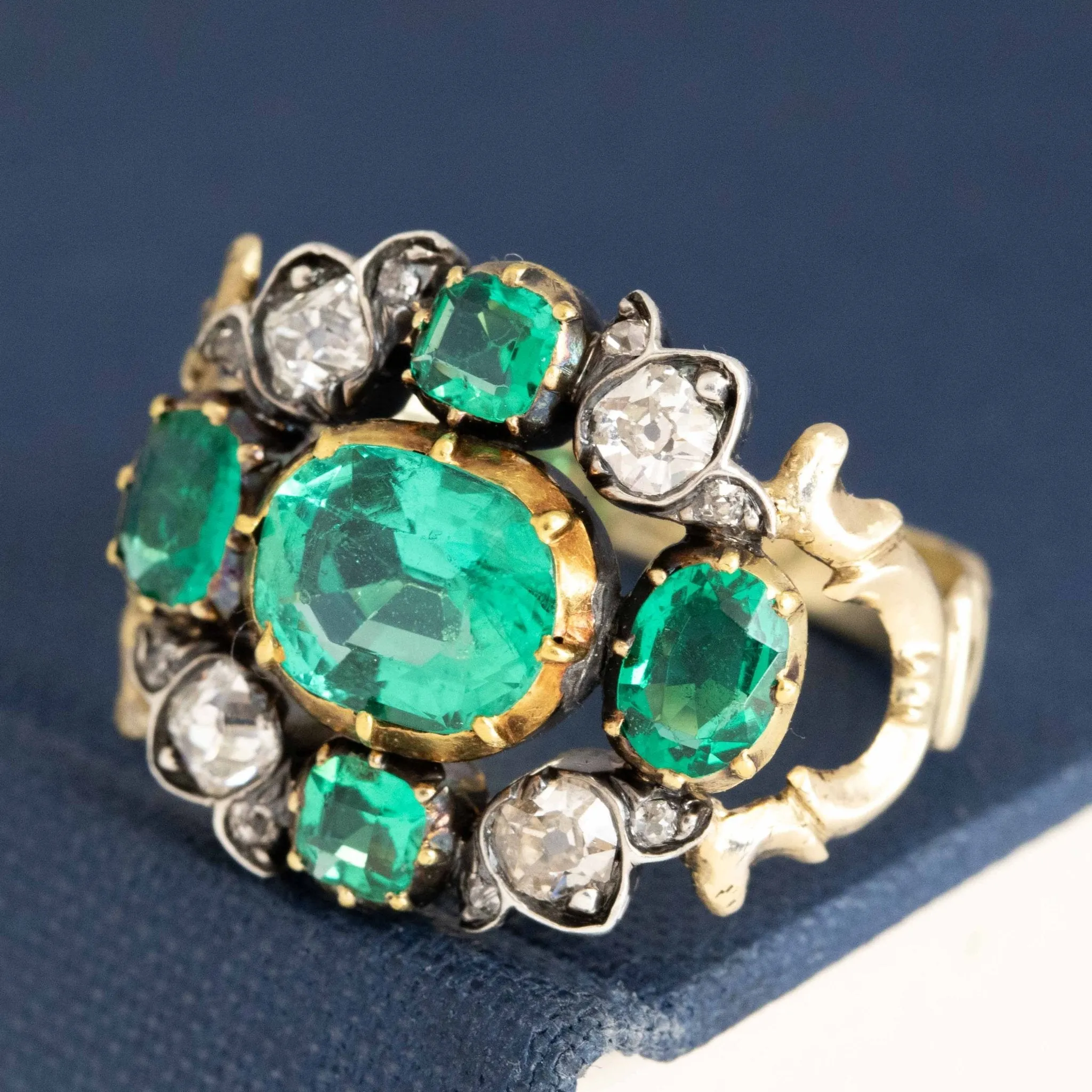 2.53ctw Georgian Diamond & Emerald Collet Cluster Ring