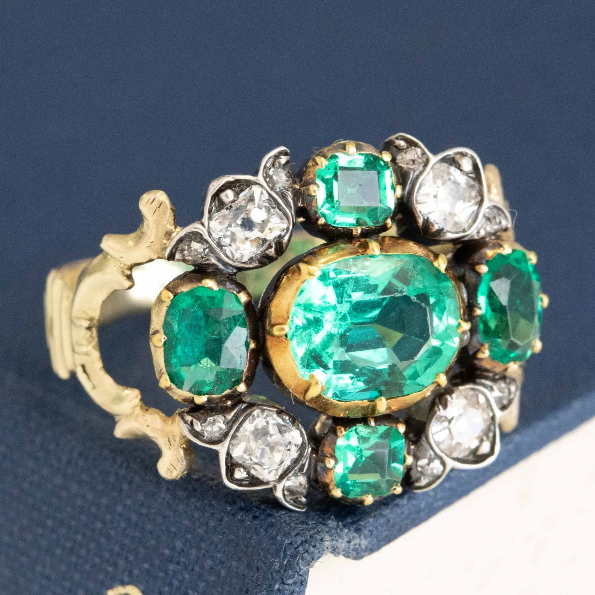 2.53ctw Georgian Diamond & Emerald Collet Cluster Ring