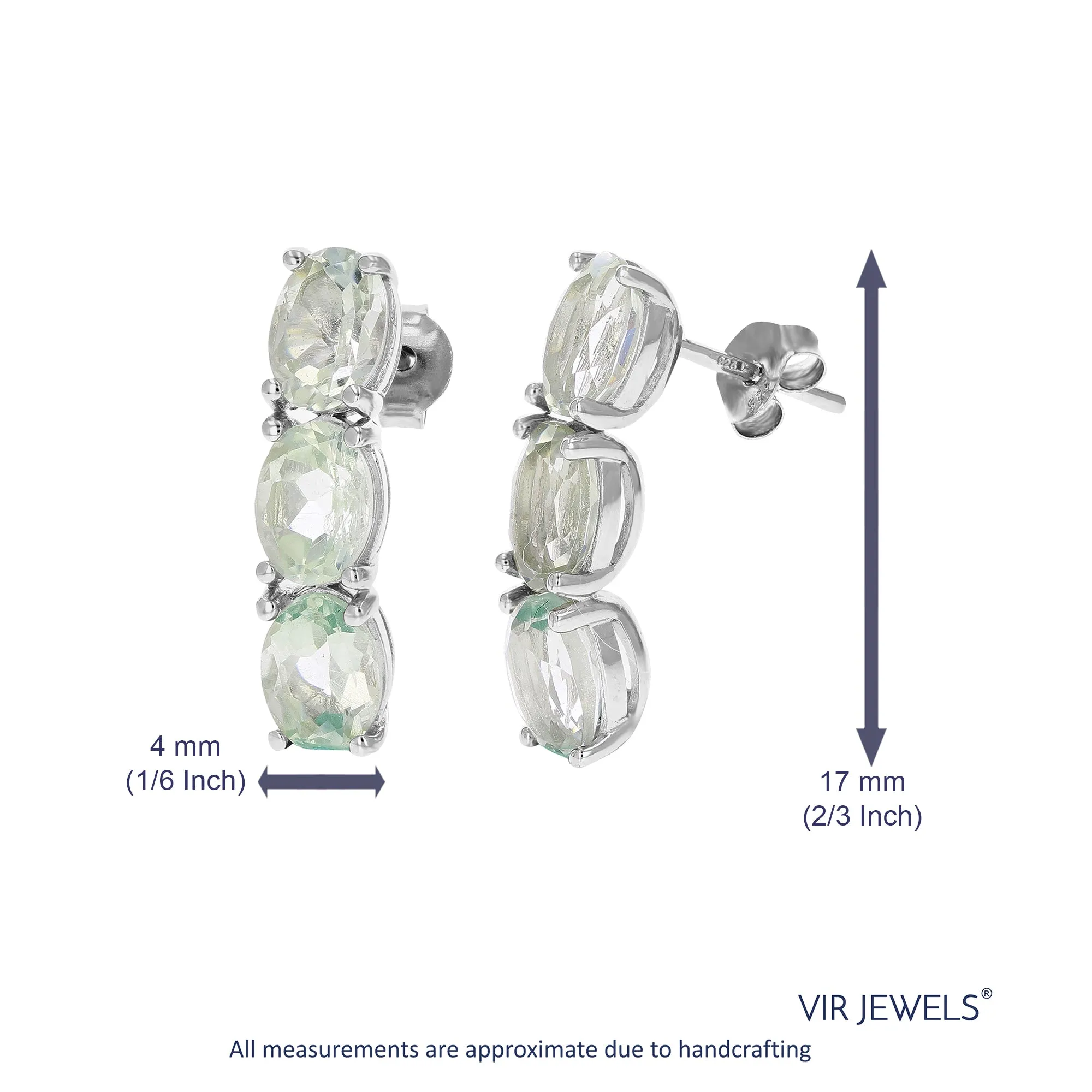 3.20 cttw Green Amethyst Dangle Earrings .925 Sterling Silver 3 Stone Oval 7x5