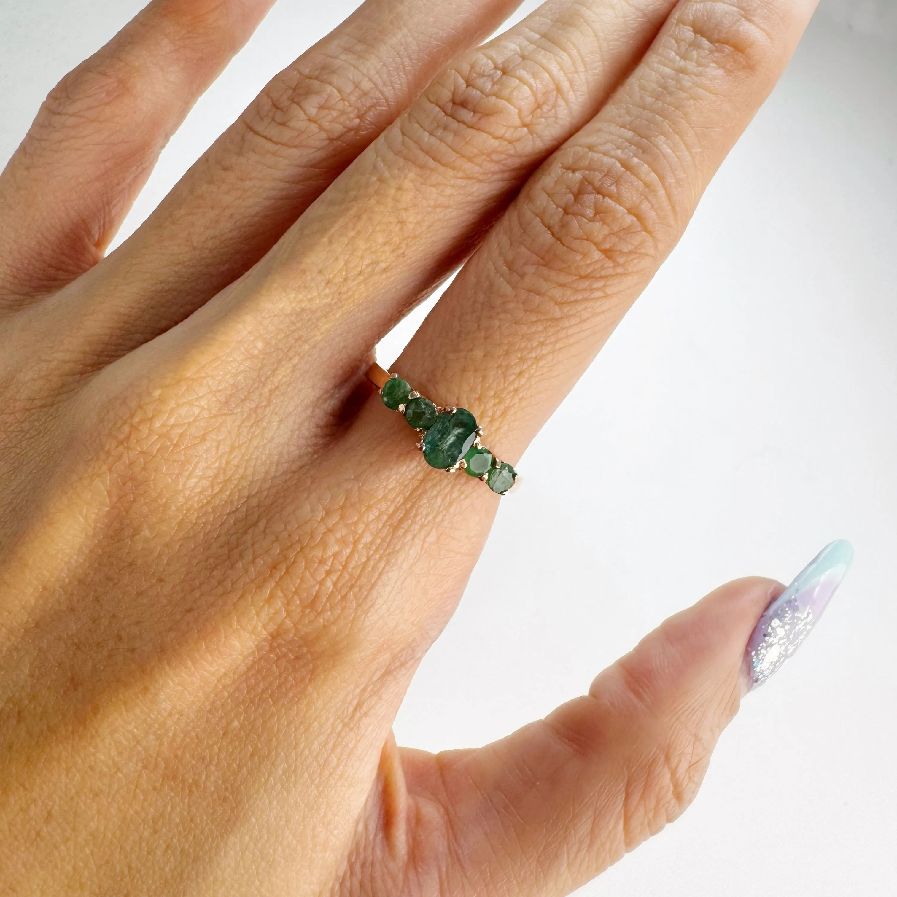 4 x 6 mm. Oval Cut Green Brazilian Emerald Cluster Ring (Blemished)