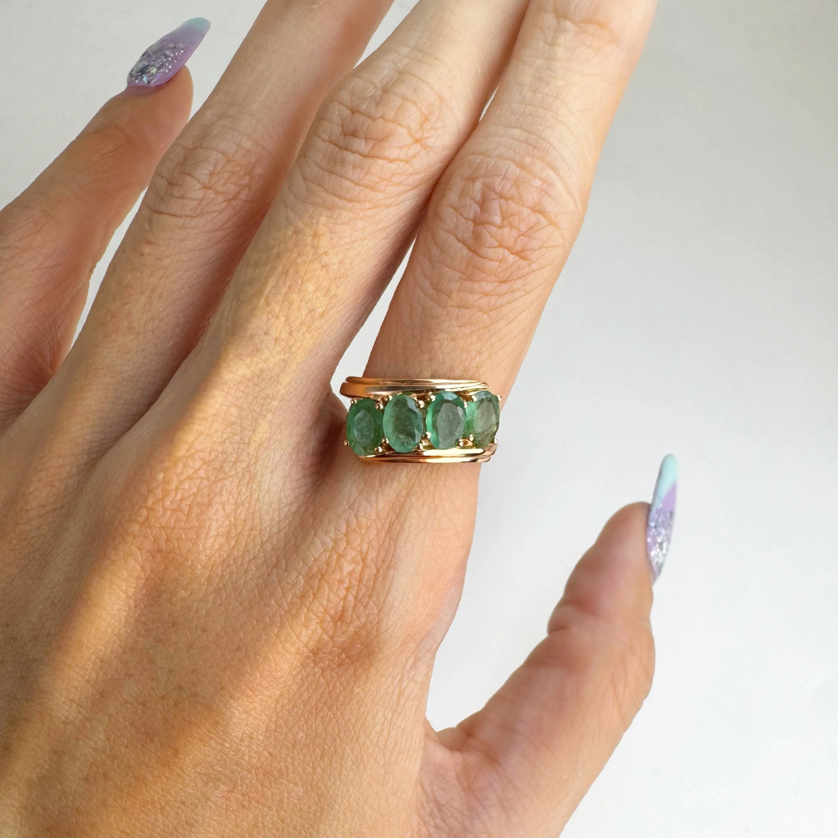 4 x 6 mm. Oval Cut Green Brazilian Emerald Cluster Ring