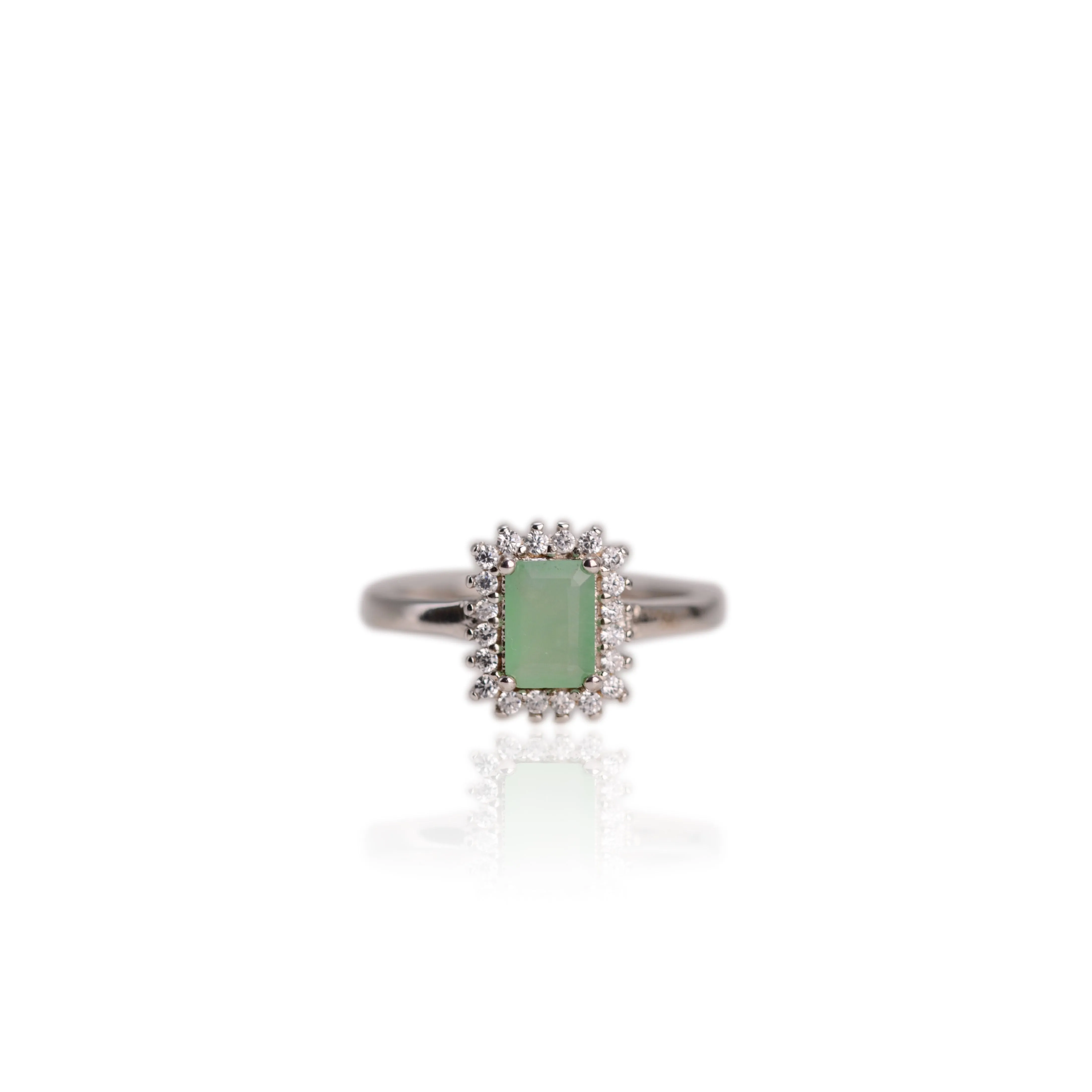5 x 7 mm. Octagon Cut Green Zambian Emerald with Cz Accents Ring