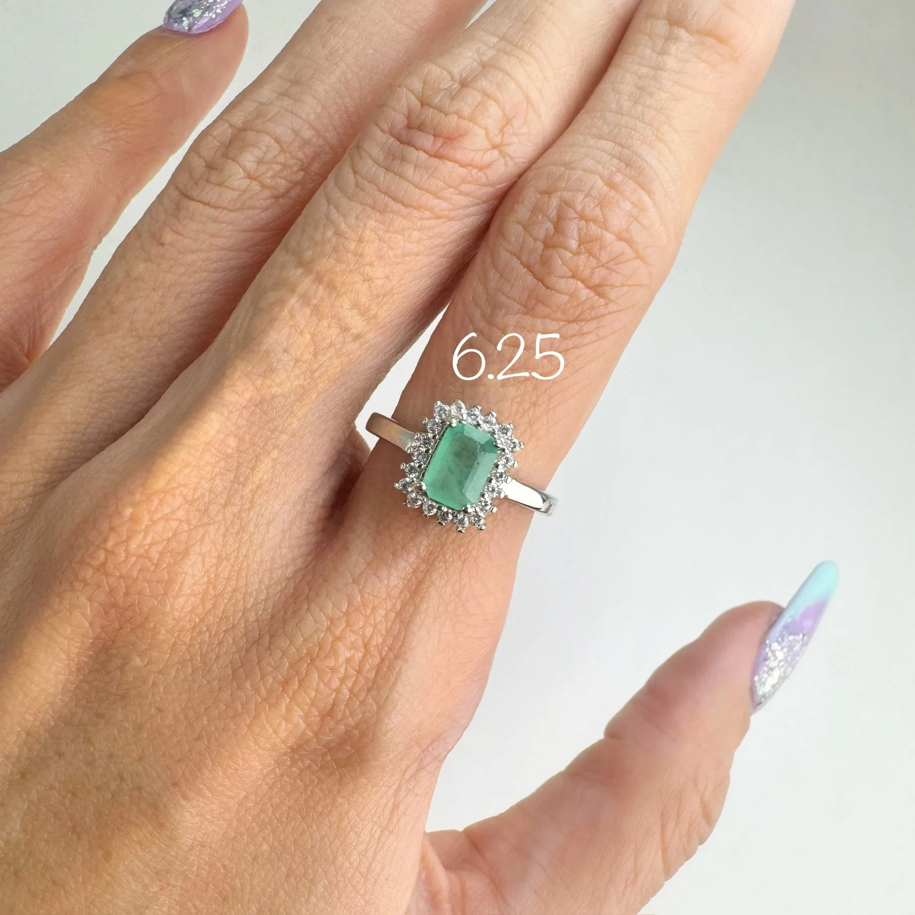 5 x 7 mm. Octagon Cut Green Zambian Emerald with Cz Accents Ring