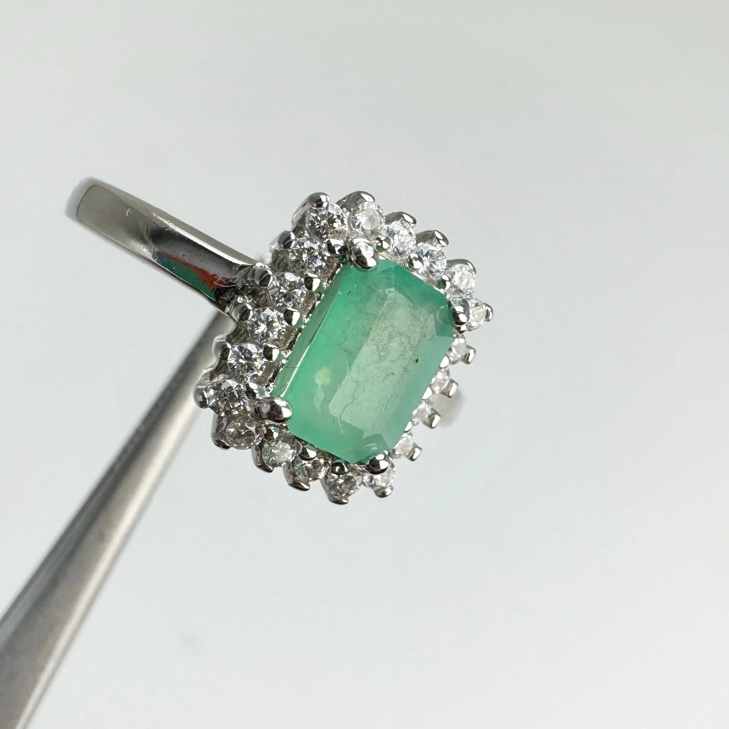5 x 7 mm. Octagon Cut Green Zambian Emerald with Cz Accents Ring