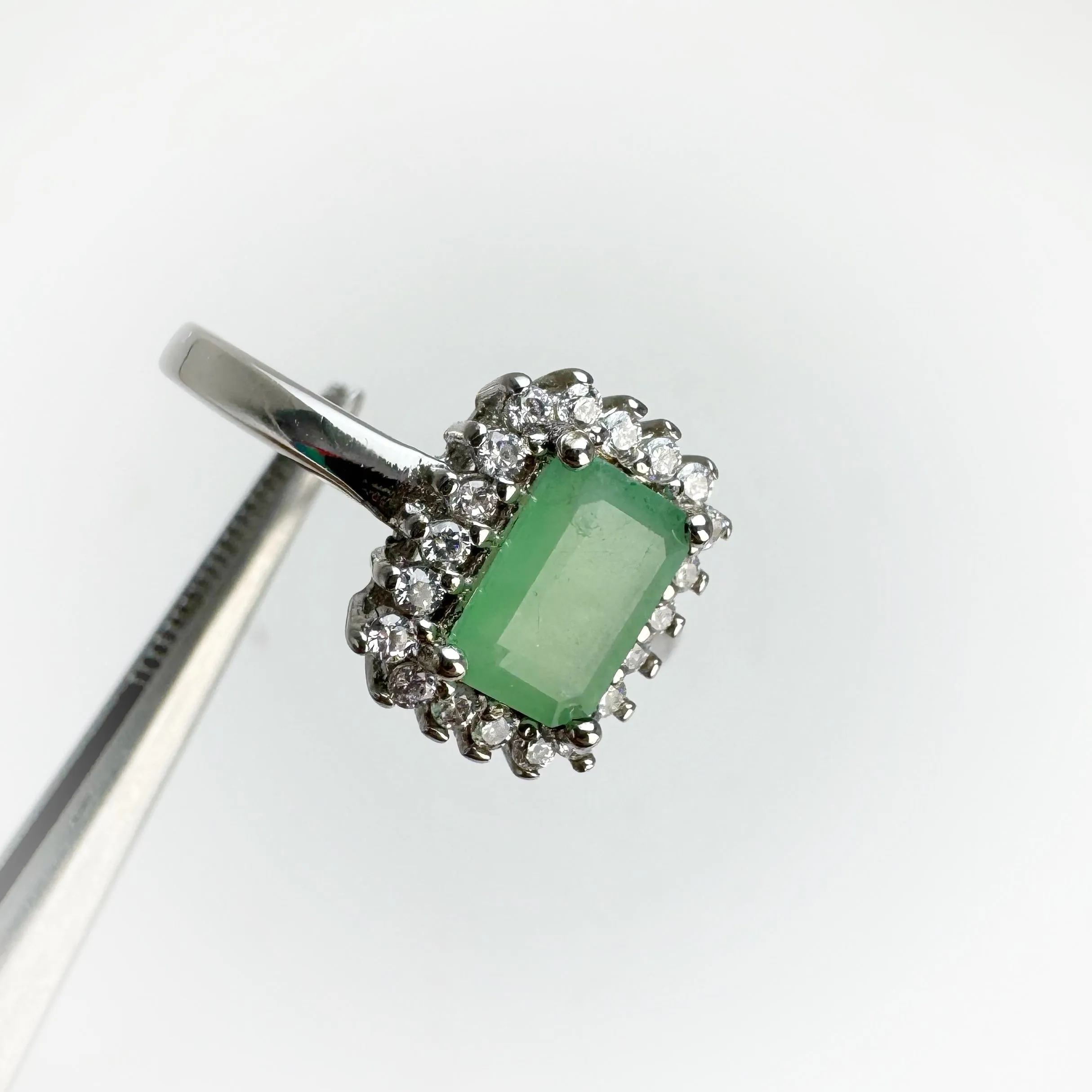 5 x 7 mm. Octagon Cut Green Zambian Emerald with Cz Accents Ring