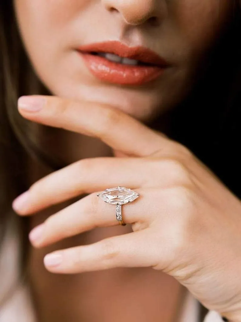 5.24Ct Marquise Cut Moissanite white gold Engagement Ring Bridal Half eternity wedding Ring Antique anniversary gift for her