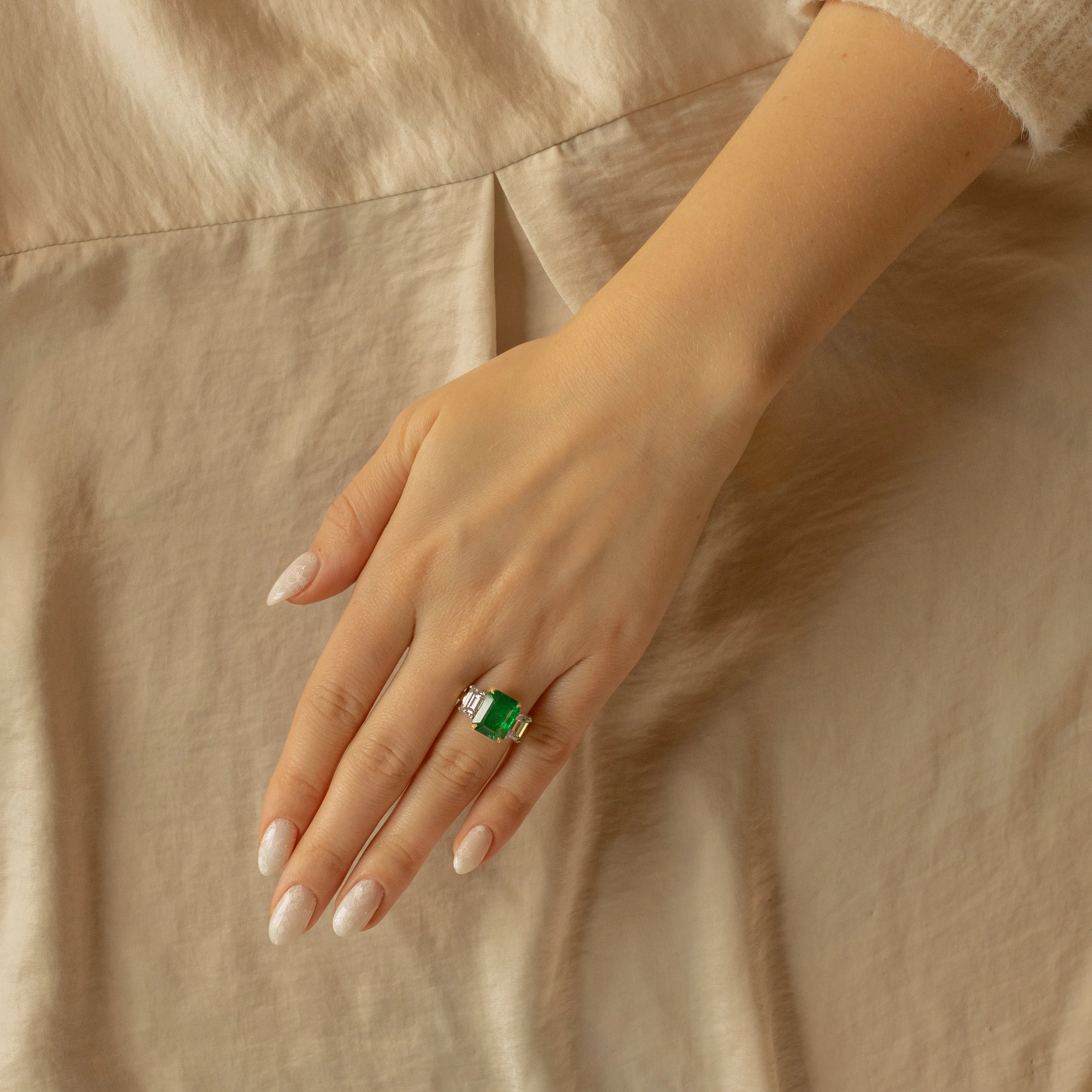 5.62 Carat Zambian Emerald Diamond Three Stone Ring AGL Certified