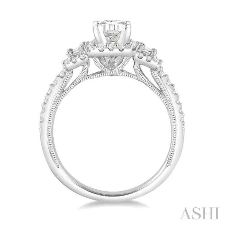 5/8 ctw Diamond Ladies Engagement Ring with 1/4 ct Emerald Cut Center Stone in 14K White Gold